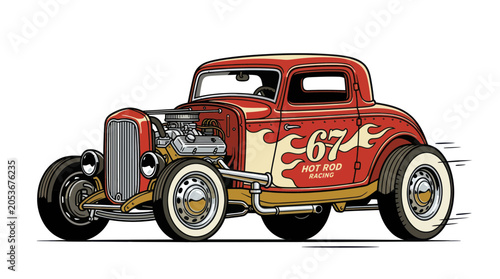 Foto Vintage Red Hot Rod Coupe with Flames and Number 67
