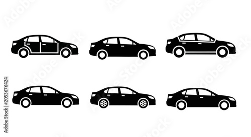 Collection of Black Sedan Car Silhouettes, Vector Icons