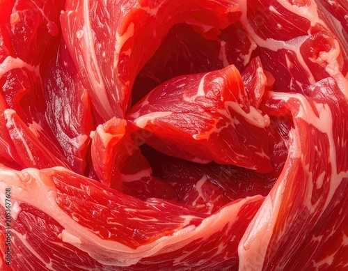 Close-up swirl of vibrant red meat with marbling, revealing texture