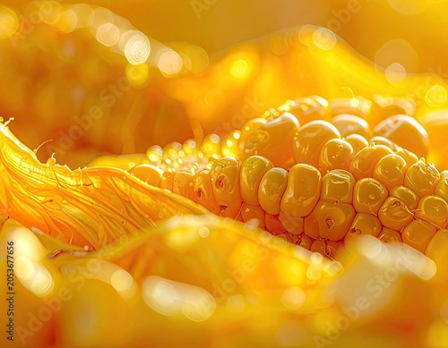 Sunlit, dewy golden kernels and husks of fresh, ripe corn
