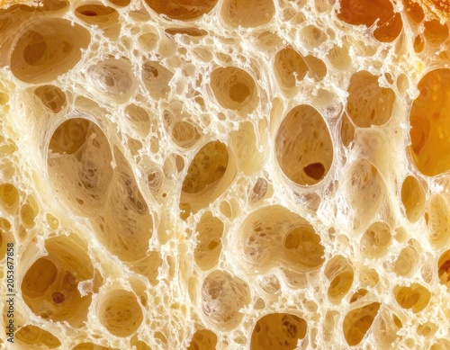 Close-up view of the porous, golden interior of baked bread with irregular air pockets