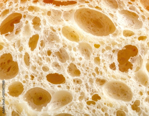 Extreme close-up of airy, golden-brown bread crumb texture with irregular holes