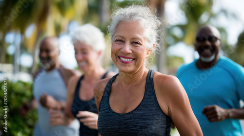Active senior woman jogging outdoors with diverse group of runners. Healthy lifestyle, fitness community, and wellness concept for mature adults exercising together in park.