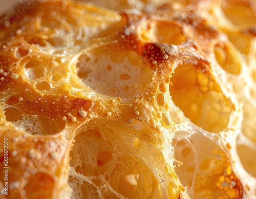 Close-up macro of a golden-brown, crusty bread with large, airy holes