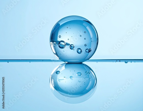 Clear glass sphere with trapped bubbles floating on a reflective blue surface