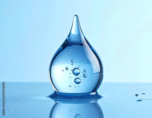 A pristine, clear liquid droplet with internal bubbles on a reflective surface