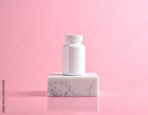 White pill bottle sits on marbled block against pink background