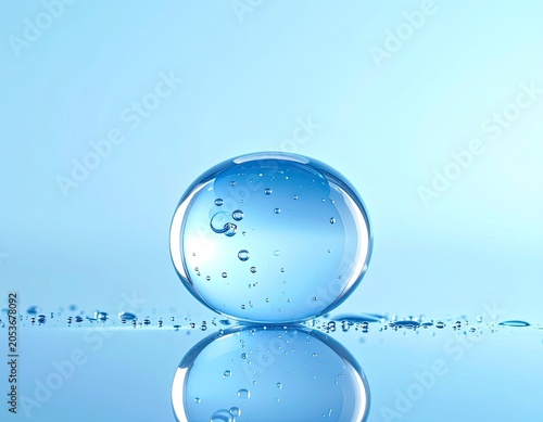 Perfectly spherical droplet of clear liquid with tiny air bubbles, reflecting