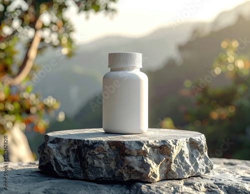White medicine bottle on rough stone pedestal, nature blurred background