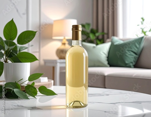 Elegant white wine bottle sits on marble table, living room backdrop