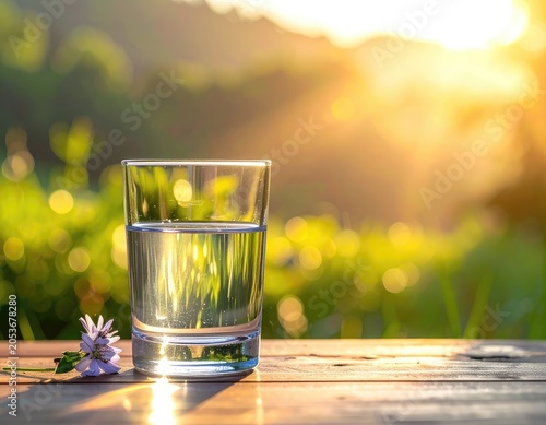Clear water in a glass with a purple flower, bathed in golden sunlight