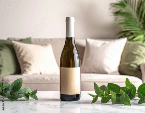 Elegant white wine bottle with green foliage on a marble surface, bright