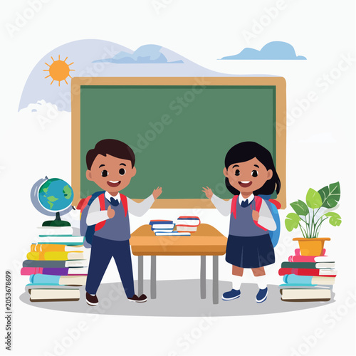Children in School Uniforms with Backpacks and Books