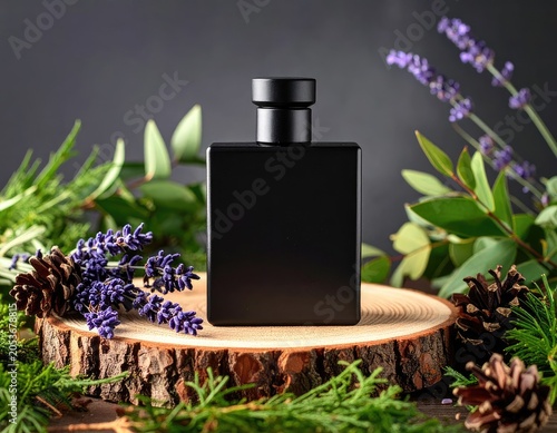 Sleek black fragrance bottle centered on rustic wood slice, surrounded by botanicals