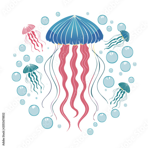 Colorful jellyfish illustration with bubbles