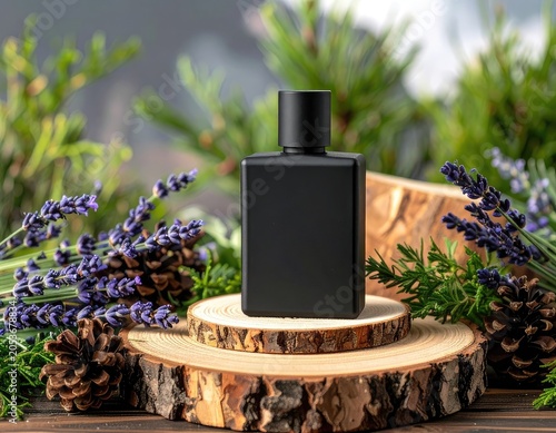 A matte black bottle sits on a wooden stand surrounded by natural elements