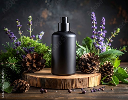 Matte black spray bottle centerpiece, surrounded by forest botanicals & pinecones