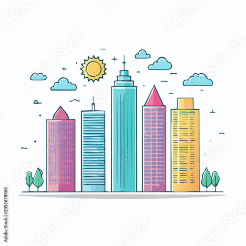 Colorful Skyline Illustration with Skyscrapers, Sun, and Clouds