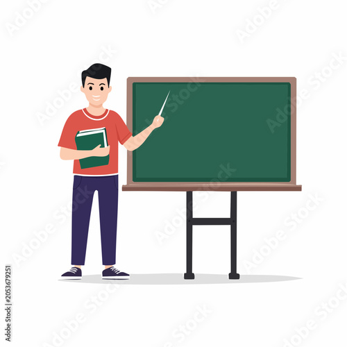 Teacher with Book and Pointer at Chalkboard