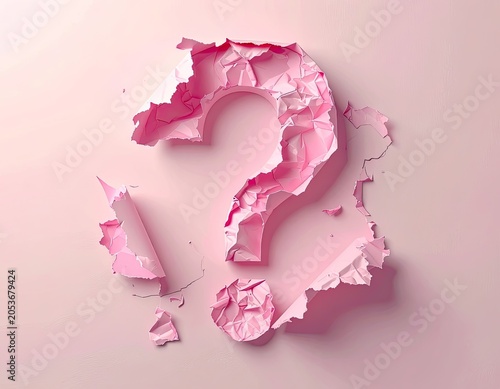 A 3D pink question mark shape emerges from torn paper