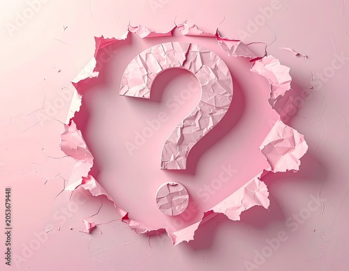Textured pink question mark emerges from ripped paper opening