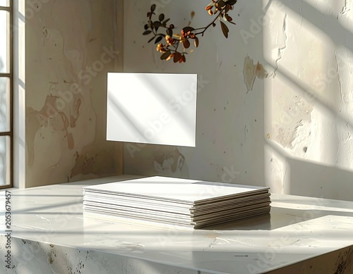 Floating card over stack on marble surface with autumn branch