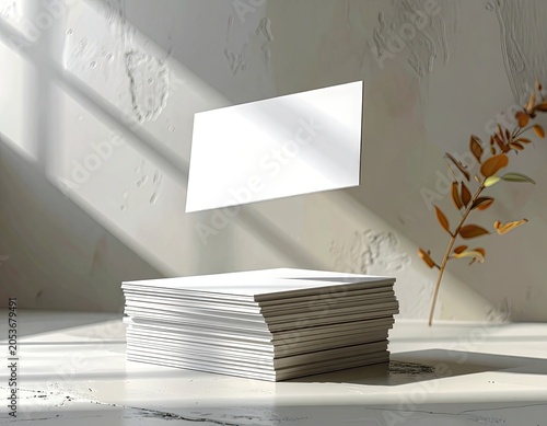 Stack of blank cards with one floating above, bathed in sunlight