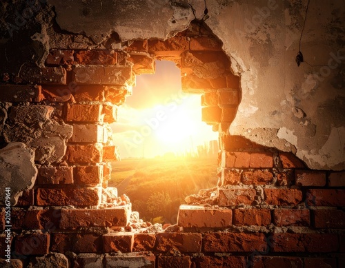 Sunlit landscape seen through a gaping hole in a rough brick wall