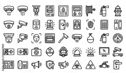 Fotografie Security surveillance and fire safety monoline icon set with detectors sprinkler