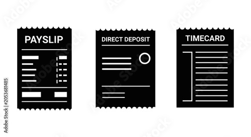 Payslip, Direct Deposit, Timecard Icons: Payroll and Employee Management