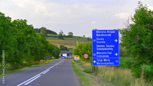 Billede på lærred Bilingualism in Transylvania, particularly in the Szekely Land, Mures, Harghita and Covasna counties, with signs in Romanian and Hungarian