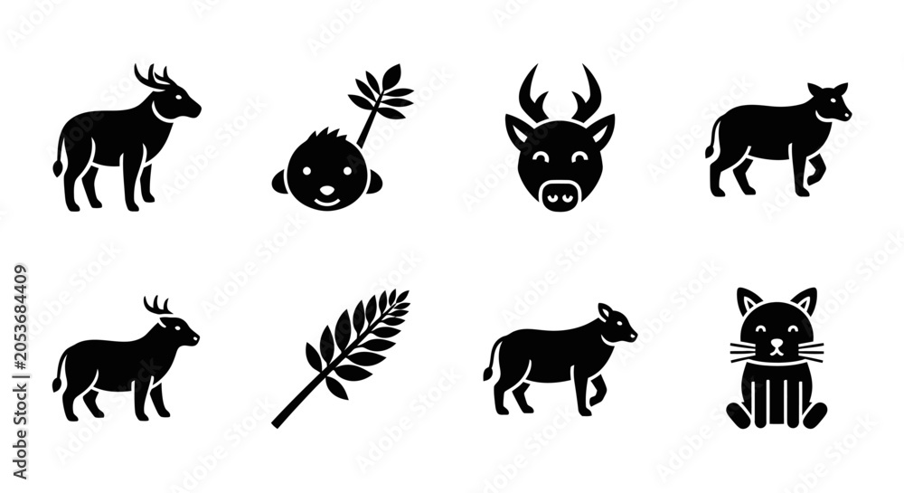 Naklejka premium Set of stylized animal and nature icons, silhouette design