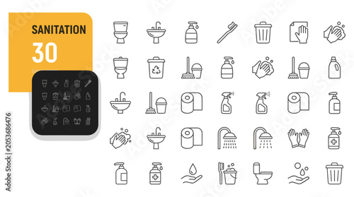 Collection of 30 flat line art hygiene and sanitation icons illustrating cleaning tools, waste disposal, and daily hygiene practices in black and white.