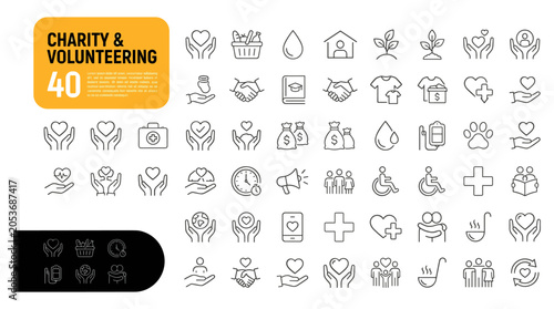 Vector illustration of charity and volunteering themed icons with hand drawn elements celebrating a 40th anniversary.