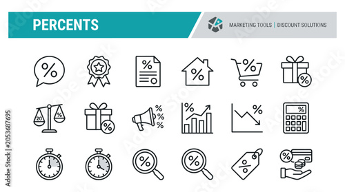 Collection of flat vector icons representing percentages, finance, time management, shopping, and business analytics in a clean style.
