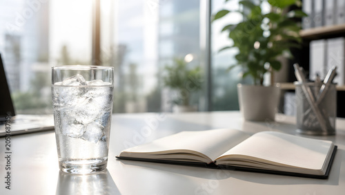 Glass of ice water on office desk with notebook in modern workspace.
