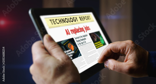 Ai replacing job newspaper on mobile tablet screen