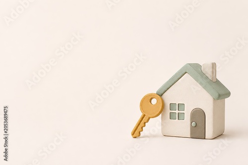 Minimal 3D paper clay illustration of a house key beside a simple home block. Clean real estate, home services and property access landing page hero concept.