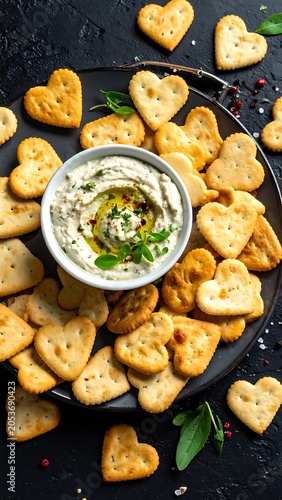 Heart shaped crackers with dip.