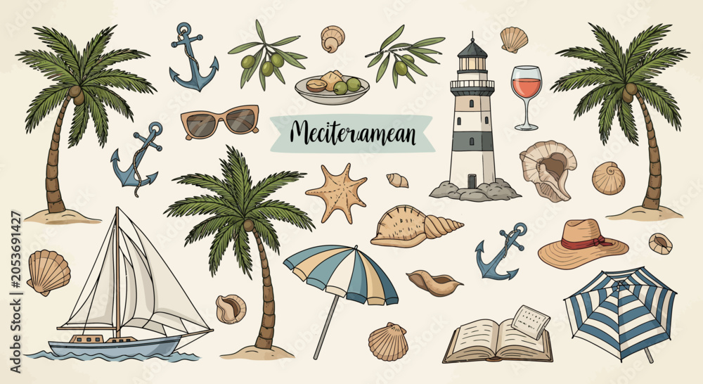 Obraz premium Mediterranean Summer Vacation Travel Holiday Elements - Palm Trees, Lighthouse, Sailboat