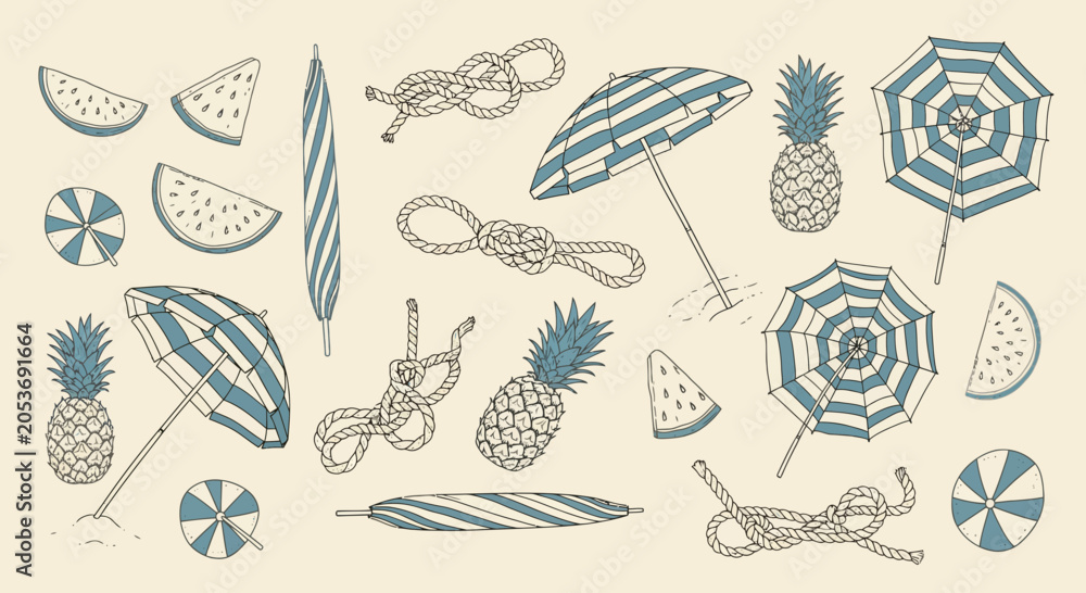 Obraz premium Summer Beach Elements: Pineapples, Umbrellas, and Watermelon Slices