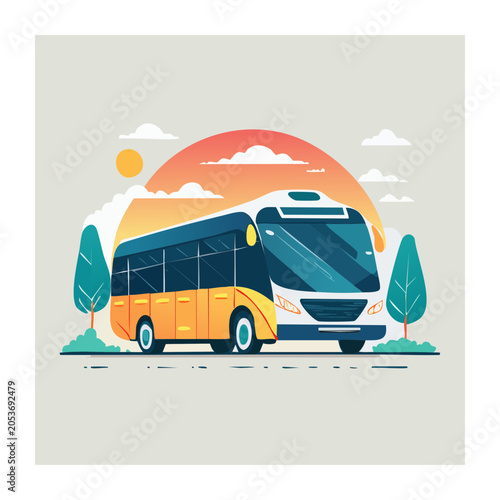 Yellow Bus Illustration in Sunset Scene