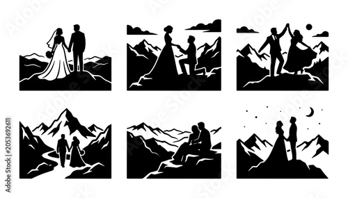 Εκτύπωση καμβά Silhouette wedding couple holding hands on mountain peak with starry night sky a