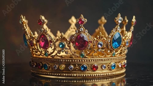 A golden royal crown adorned with many colorful sparkling gemstones