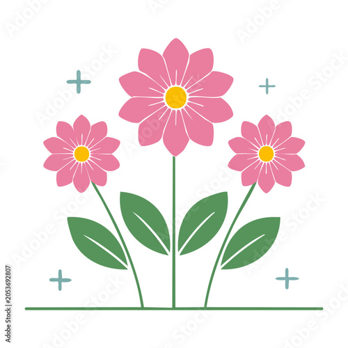 Pink flowers with green leaves illustration