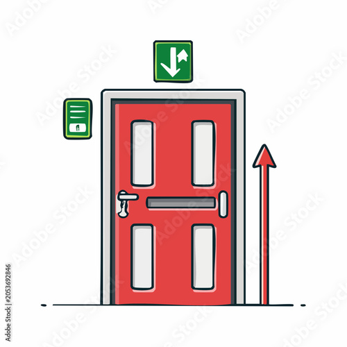Red Door with Exit Sign and Arrow