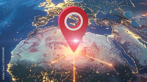 A glowing location pin rests on a digital globe at night
