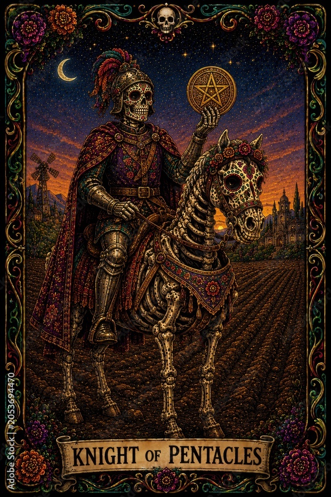 Fototapeta premium Colorful Illustration of Skeleton Knight on Horse with Tarot Symbol