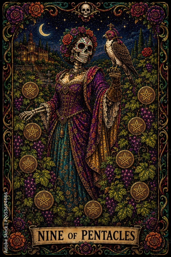 Fototapeta premium Colorful Artistic Illustration of Nine of Pentacles Tarot Card Design