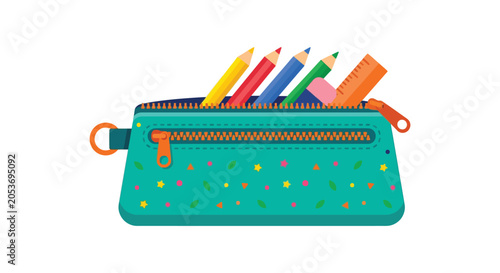 Pencil case with colored pencils vector illustration on white background